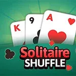 A graphic featuring three playing cards (King, 9, Ace) with a green background, prominently displaying the text Solitaire Shuffle