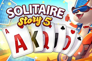 A colorful promotional image for Solitaire Story 5, featuring a cartoonish dog wearing sunglasses and the depiction of playing cards