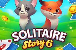 A cartoon-style gray and white cat and a playful orange fox stand side by side in a vibrant green landscape, with stylized gold coins and playing cards in the background