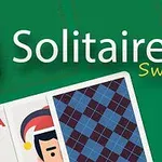 A graphic featuring a green background with the text Solitaire Swift and visible playing cards, including an Ace and a Two, alongside an illustration of a character with a Santa hat