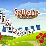 A colorful game graphic featuring playing cards with a King, Queen, Jack, and numbered cards against a scenic backdrop of green hills, red roses, and a blue sky, labeled Solitaire TriPeaks Garden