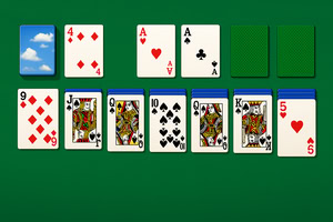A set of playing cards displayed on a green background, featuring various ranks and suits, including hearts, diamonds, clubs, and spades, along with two face-down cards