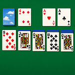 A set of playing cards displayed on a green background, featuring various ranks and suits, including hearts, diamonds, clubs, and spades, along with two face-down cards