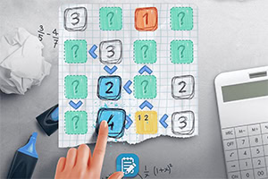 A hand is pressing down on a grid of colorful squares, each containing numbers or question marks, arranged on wrinkled graph paper alongside a calculator and scattered writing materials
