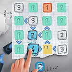 A hand is pressing down on a grid of colorful squares, each containing numbers or question marks, arranged on wrinkled graph paper alongside a calculator and scattered writing materials