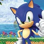 The image features Sonic the Hedgehog, a blue, anthropomorphic character with green eyes, striking a playful pose against a bright, colorful background with flowers and water, along with a display of rainbow-colored crayons on the left