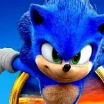 A dynamic portrayal of Sonic the Hedgehog, a blue anthropomorphic character with green eyes, racing towards the viewer, set against a vibrant blue background and framed by a gold ring