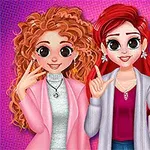 Three animated characters with vibrant hairstyles pose together, displaying friendly gestures and wearing fashionable outfits against a colorful pink background