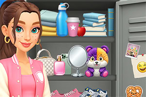 Smiling cartoon woman in a pink jacket stands by a shelf with a water bottle, books, perfume, mirror, plush tiger, and shoes next to a gray locker with stickers