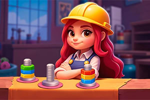 Sort Works: Nuts & Order A young girl with purple hair, wearing a yellow hard hat and an apron, confidently poses with her arms crossed in a workshop filled with colorful tools and objects