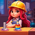 Sort Works: Nuts & Order A young girl with purple hair, wearing a yellow hard hat and an apron, confidently poses with her arms crossed in a workshop filled with colorful tools and objects