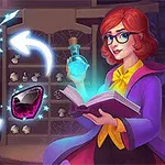 A young woman in a purple robe holds an open book in a magical setting, surrounded by various potions, an hourglass, and a gemstone, suggesting a theme of potion-making and alchemy