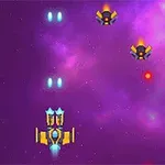 A vibrant space-themed video game scene featuring a player-controlled spaceship at the bottom, shooting at approaching enemy ships against a colorful cosmic background filled with stars and nebulas