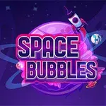 A colorful graphic featuring the text SPACE BUBBLES over a stylized planet, with a cartoon rocket and various celestial elements like stars and planets in a cosmic background