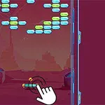 The image shows a colorful arcade-style game interface featuring a paddle at the bottom, a finger gesture indicating control, and multiple blocks of varying colors arranged at the top, set against a simple, abstract background