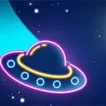 A colorful neon illustration of a UFO, a glowing star, and a green asteroid set against a dark starry background, capturing a whimsical cosmic scene