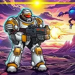 A futuristic soldier in a stylized space suit stands on an alien landscape, wielding a weapon and firing while robotic figures and a colorful sunset create a vibrant sci-fi scene