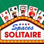 A colorful graphic featuring playing cards with a Jack, King, Joker, Queen, and another Jack, above the text Spaces Solitaire set against a green background, framed by bright lights