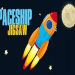 An animated graphic featuring a colorful rocket launching into space, with the text Spaceship Jigsaw, and a backdrop of the Earth, the moon, and stars
