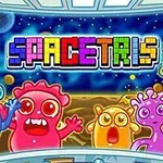 A colorful game cover featuring the title SPACETRIS with cute, cartoonish alien characters in a space-themed background filled with stars and planets