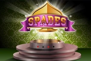 A vibrant graphic featuring the word SPADES in bold, purple lettering above a decorative emble, set against a green background with spotlight effects, symbolizing a card game theme