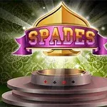 A vibrant graphic featuring the word SPADES in bold, purple lettering above a decorative emble, set against a green background with spotlight effects, symbolizing a card game theme