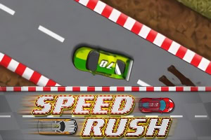 A green racing car speeds along a winding track bordered by red and white barriers, with a red car visible nearby and a background of brown terrain