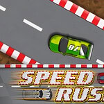 A green racing car speeds along a winding track bordered by red and white barriers, with a red car visible nearby and a background of brown terrain