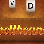 A stylized title graphic for Spellbound, featuring elegant lettering against a textured brown background with letter tiles floating above