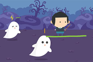 A cartoon-style character stands in a purple landscape surrounded by swirling trees, with two adorable ghost figures floating nearby, one marked with a lightning symbol and the other with an exclamation mark