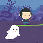 A cartoon-style character stands in a purple landscape surrounded by swirling trees, with two adorable ghost figures floating nearby, one marked with a lightning symbol and the other with an exclamation mark