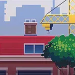 A pixel art superhero in a red and blue costume runs across a rooftop, with urban buildings and a crane in the background, creating a dynamic and action-packed scene