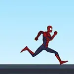 A cartoon-style illustration of Spider-Man running on a flat surface against a clear blue sky background