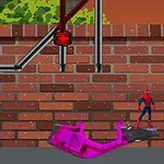 A colorful animated scene featuring a cartoon Spider-Man standing on a purple trap, with a brick wall and a green background, emphasizing action and adventure