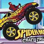 An animated Spider-Man driving a yellow and red monster truck with a spider-web design, performing a stunt in a colorful cityscape