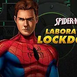 A stylized image of Spider-Man, featuring a close-up of his masked face and part of his costume, accompanied by the text Laboratory Lockdown against a tech-inspired background