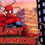 A dynamic comic-style illustration of Spider-Man swinging through a cityscape, with the title LAST WARRIOR prominently displayed at the bottom