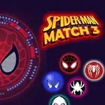 A vibrant game interface featuring a spider-themed design with a large spider mask in the center, accompanied by colorful character icons and the title Spider-Man Match 3 in bold text