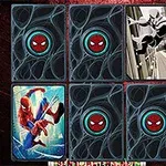 A digital memory game featuring Spider-Man-themed cards, including a vibrant image of Spider-Man and a black-and-white silhouette, set against a red spider-web background