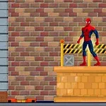 A colorful, cartoon-style scene featuring a superhero in a red and blue costume standing on a construction platform with a brick wall backdrop and city skyline elements