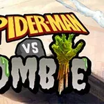 A colorful graphic featuring the title Spider-Man vs Zombie, showcasing a stylized Spider-Man logo and an illustration of a green, dripping zombie hand, set against a blurred background