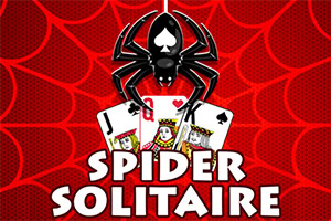 A black spider hangs above playing cards featuring a jack and queen, set against a vibrant red background with a web pattern, accompanied by bold text that states SPIDER SOLITAIRE