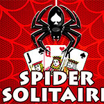 A black spider hangs above playing cards featuring a jack and queen, set against a vibrant red background with a web pattern, accompanied by bold text that states SPIDER SOLITAIRE