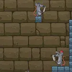 The image depicts a cartoon-style game scene with a large purple spider on the left and two small grey mice on platforms, one wielding a knife and the other holding a sword, set against a stone brick background