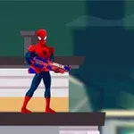 A stylized cartoon version of Spider-Man stands on a rooftop, holding a brightly colored toy gun, against a blurred city background