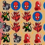 The image features a grid filled with various Spider-Man characters, including multiple Spider-Man masks, different villain faces, and colorful backgrounds, resembling a vibrant game board or design