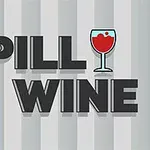 A playful graphic featuring the text SPILL WINE in bold letters, accompanied by a wine glass illustration filled with red wine, set against a striped background