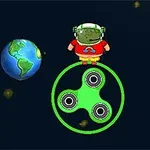 A cartoonish astronaut character stands on a green fidget spinner in space, with a detailed Earth visible nearby, creating a playful and whimsical scene
