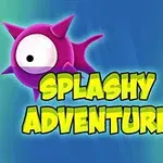 A colorful, animated graphic featuring a purple creature with one eye, titled SPLASHY ADVENTURE, set against a blue and green background with wooden crates