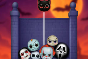 Black cat above a moonlit castle wall with spooky cartoon monsters and a ghost against an orange-purple sky
